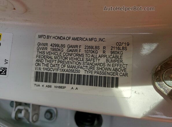 1HGCV1F1XKA058250 2019 HONDA ACCORD White Engine compartment view