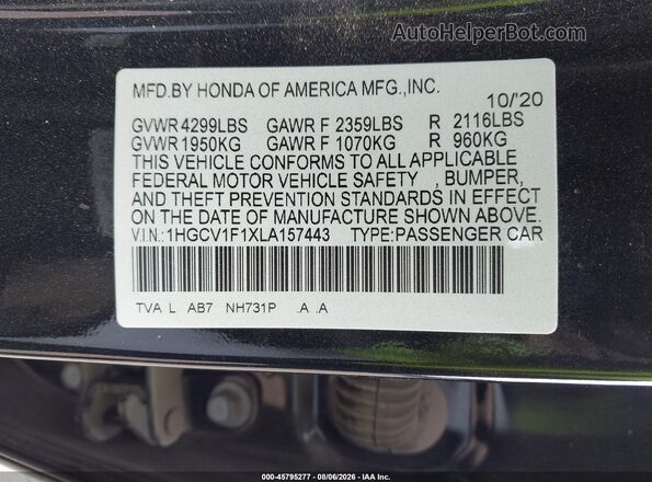 1HGCV1F1XLA157443 2020 HONDA ACCORD Черный Вид подкапотного пространства