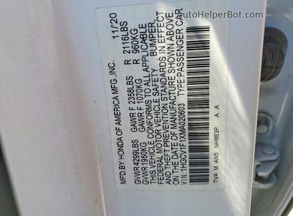 1HGCV1F1XMA020603 2021 HONDA ACCORD White ძრავის განყოფილების ხედი