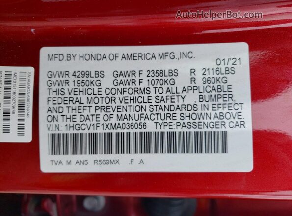 1HGCV1F1XMA036056 2021 HONDA ACCORD Red ძრავის განყოფილების ხედი
