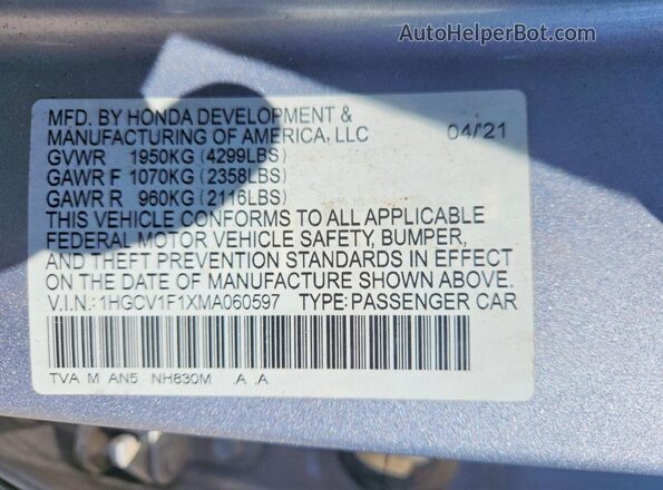 1HGCV1F1XMA060597 2021 HONDA ACCORD Silver ძრავის განყოფილების ხედი