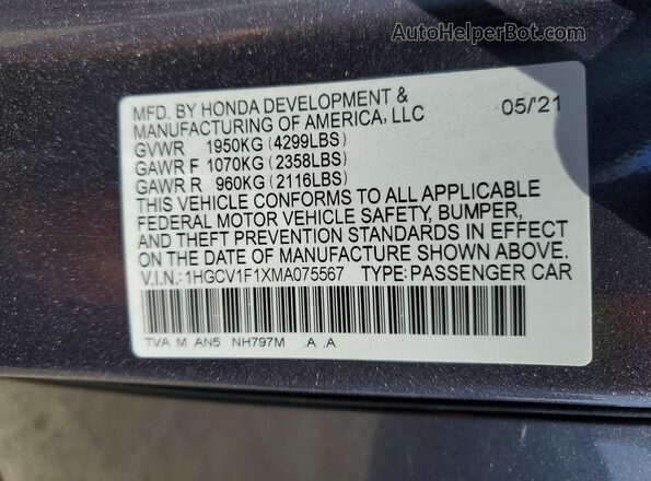 1HGCV1F1XMA075567 2021 HONDA ACCORD Gray Widok komory silnika