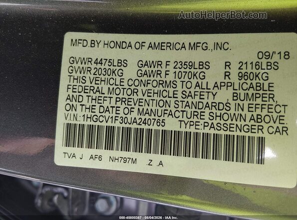 1HGCV1F30JA240765 2018 HONDA ACCORD Gray Вид підкапотного простору
