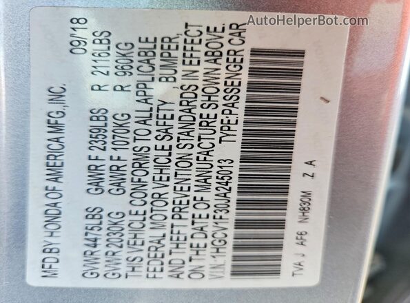 1HGCV1F30JA245013 2018 HONDA ACCORD Silver Вид підкапотного простору