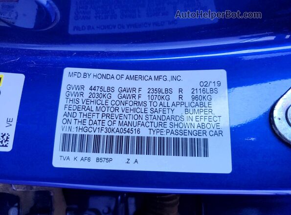 1HGCV1F30KA054516 2019 HONDA ACCORD Blue Widok komory silnika