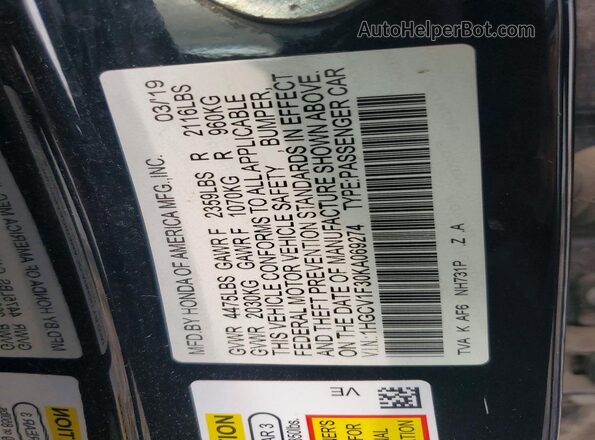 1HGCV1F30KA069274 2019 HONDA ACCORD Black Շարժիչի բաժամունքի տեսք