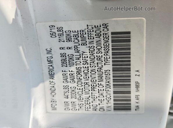 1HGCV1F30KA101575 2019 HONDA ACCORD White Engine compartment view