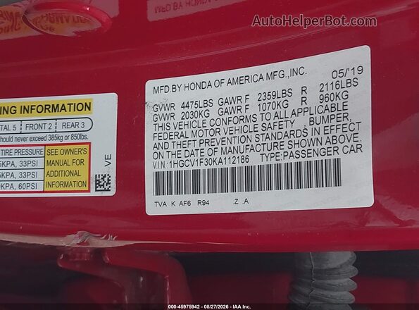 1HGCV1F30KA112186 2019 HONDA ACCORD Red Շարժիչի բաժամունքի տեսք