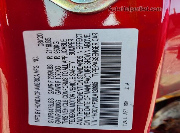 1HGCV1F30LA120905 2020 HONDA ACCORD Красный Вид подкапотного пространства