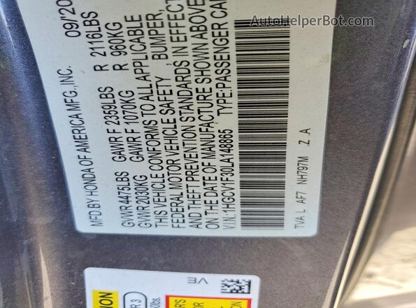 1HGCV1F30LA148865 2020 HONDA ACCORD Gray Շարժիչի բաժամունքի տեսք