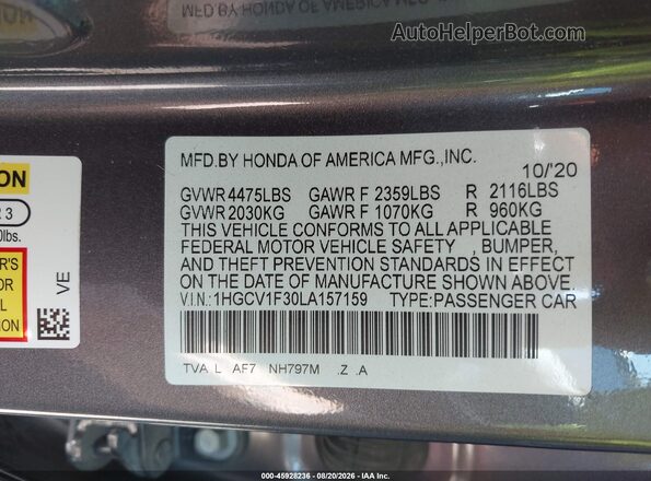 1HGCV1F30LA157159 2020 HONDA ACCORD Gray Вид підкапотного простору