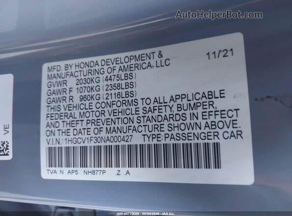 1HGCV1F30NA000427 2022 HONDA ACCORD Gray Vista del compartimento del motor