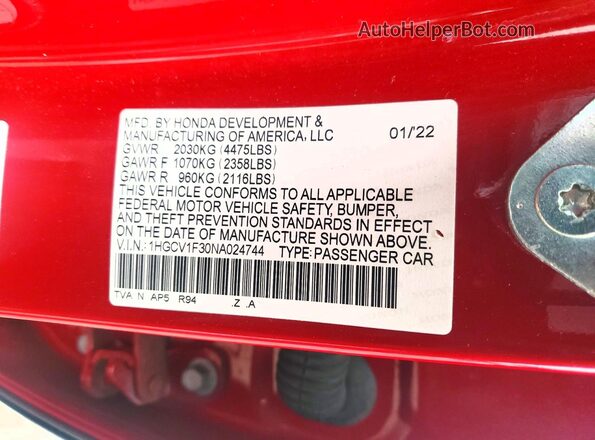 1HGCV1F30NA024744 2022 HONDA ACCORD Red VIN კოდის სტიკერის ხედი