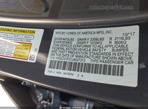 1HGCV1F31JA027212 2018 HONDA ACCORD Gray Вид підкапотного простору