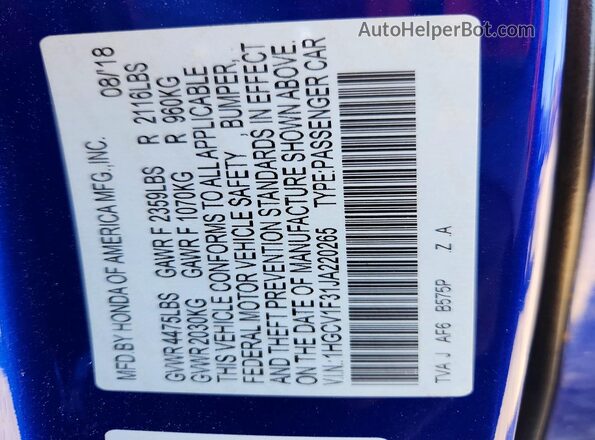 1HGCV1F31JA220265 2018 HONDA ACCORD Blue ძრავის განყოფილების ხედი