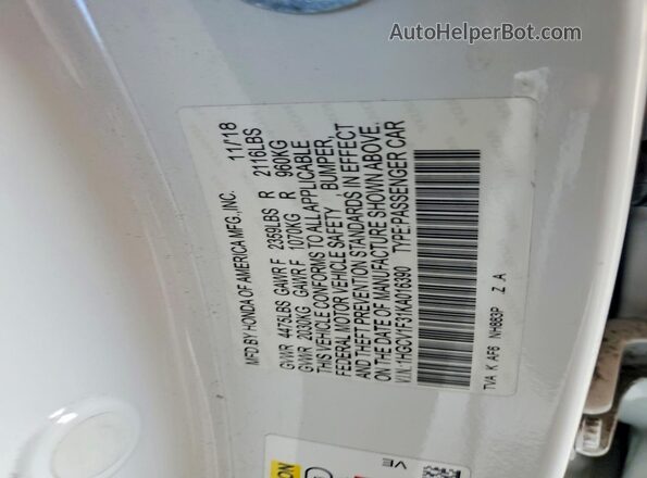 1HGCV1F31KA016390 2019 HONDA ACCORD White ძრავის განყოფილების ხედი