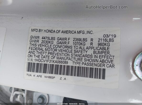 1HGCV1F31KA066089 2019 HONDA ACCORD White Вид підкапотного простору