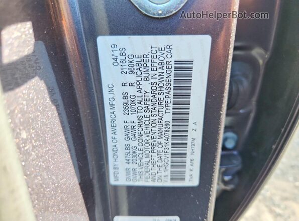 1HGCV1F31KA078260 2019 HONDA ACCORD Gray Engine compartment view