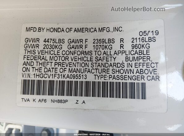 1HGCV1F31KA095513 2019 HONDA ACCORD White Vista del compartimento del motor