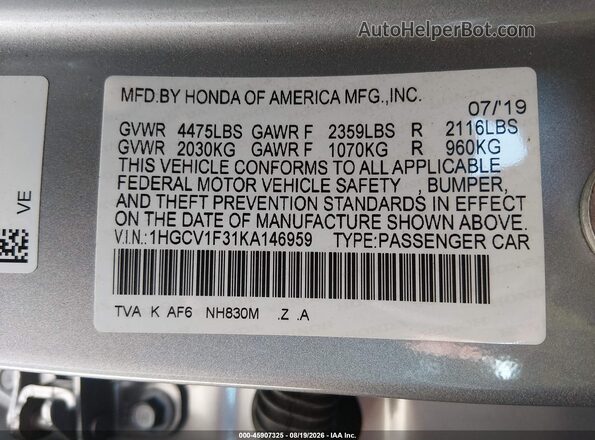 1HGCV1F31KA146959 2019 HONDA ACCORD Серый Вид подкапотного пространства