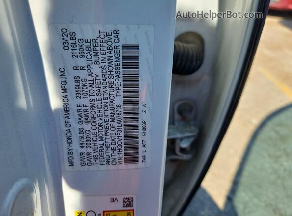 1HGCV1F31LA076736 2020 HONDA ACCORD Белый Вид подкапотного пространства