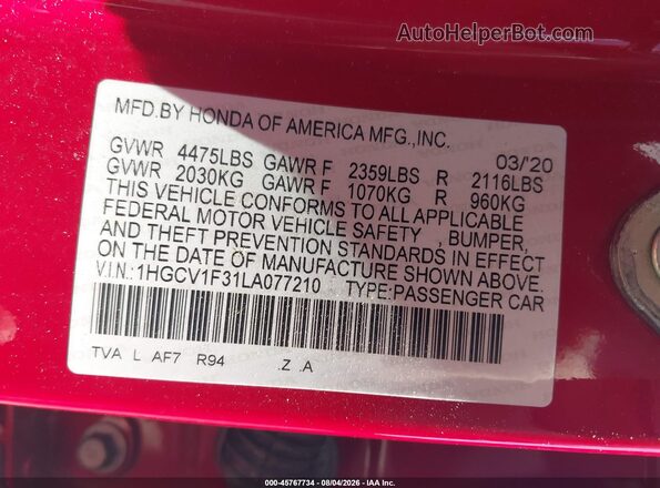 1HGCV1F31LA077210 2020 HONDA ACCORD Red Вид підкапотного простору