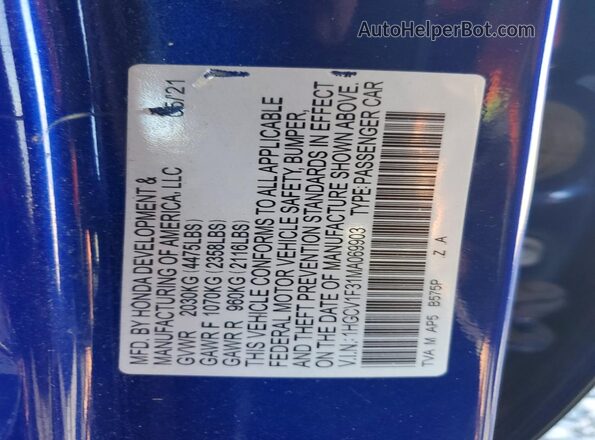 1HGCV1F31MA069903 2021 HONDA ACCORD Blue VIN կոդի պիտակի տեսք