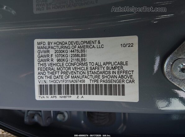 1HGCV1F31NA097458 2022 HONDA ACCORD Light Blue Widok komory silnika