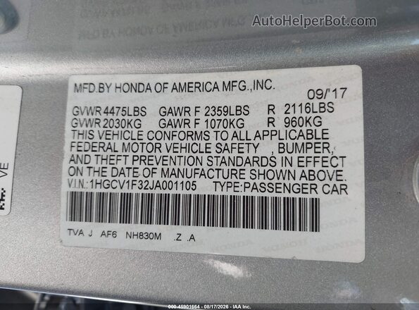 1HGCV1F32JA001105 2018 HONDA ACCORD Серебряный Вид подкапотного пространства