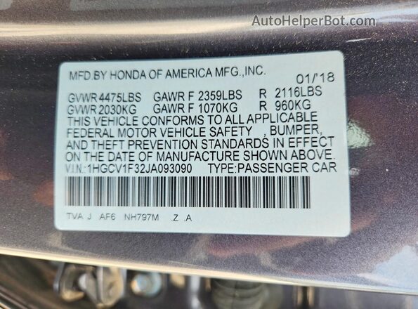 1HGCV1F32JA093090 2018 HONDA ACCORD Gray Vista de la etiqueta del VIN