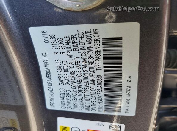 1HGCV1F32JA103830 2018 HONDA ACCORD Gray Вид наклейки з VIN-кодом