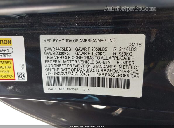 1HGCV1F32JA130462 2018 HONDA ACCORD Черный Вид подкапотного пространства