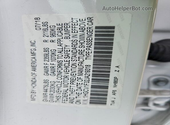 1HGCV1F32JA219318 2018 HONDA ACCORD White Vista del compartimento del motor