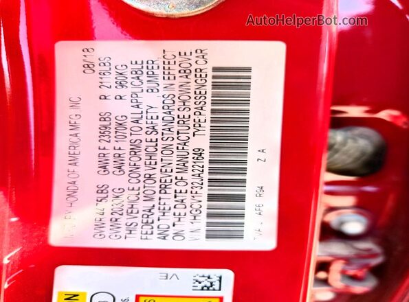 1HGCV1F32JA221649 2018 HONDA ACCORD Red VIN კოდის სტიკერის ხედი