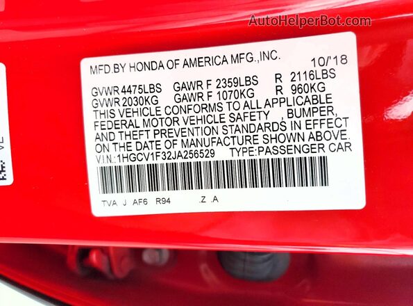 1HGCV1F32JA256529 2018 HONDA ACCORD Красный Вид подкапотного пространства