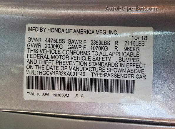1HGCV1F32KA001140 2019 HONDA ACCORD Silver Вид підкапотного простору