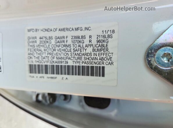1HGCV1F32KA009139 2019 HONDA ACCORD White Вид підкапотного простору