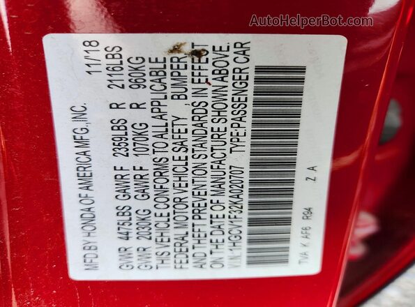 1HGCV1F32KA020707 2019 HONDA ACCORD Red VIN კოდის სტიკერის ხედი