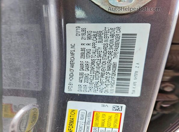 1HGCV1F32KA038561 2019 HONDA ACCORD Gray Widok komory silnika