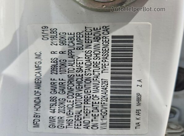 1HGCV1F32KA045297 2019 HONDA ACCORD White VIN sticker view