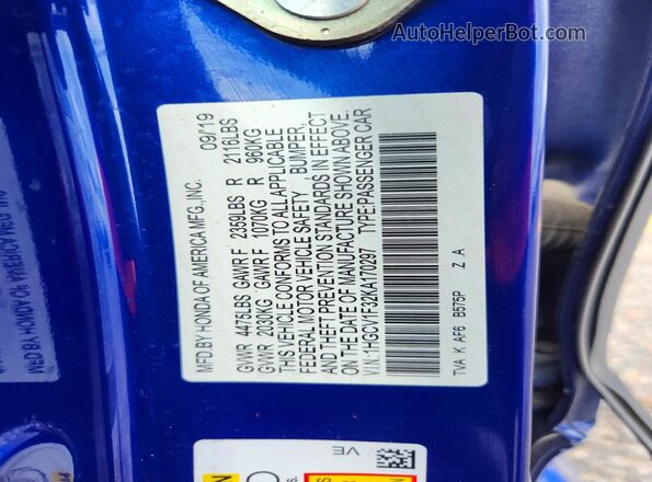 1HGCV1F32KA170297 2019 HONDA ACCORD Blue Vista del compartimento del motor