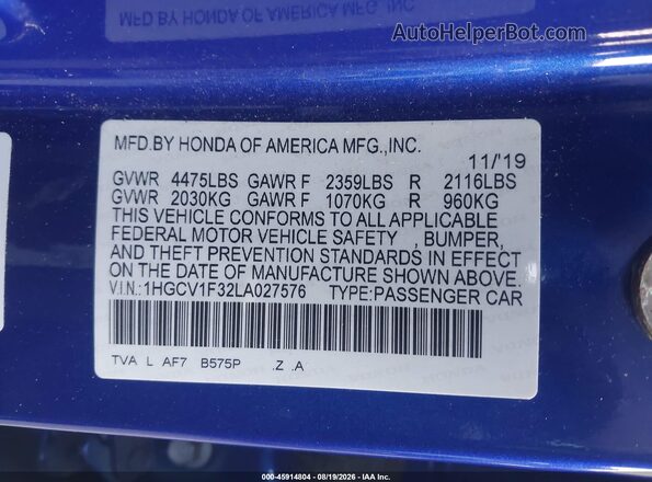 1HGCV1F32LA027576 2020 HONDA ACCORD Blue Vista del compartimento del motor