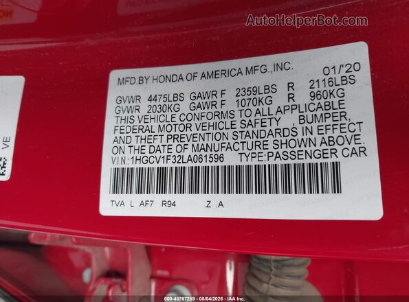 1HGCV1F32LA061596 2020 HONDA ACCORD Красный Вид подкапотного пространства