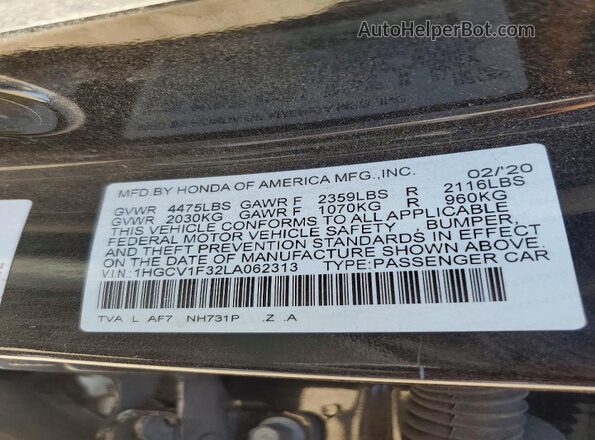 1HGCV1F32LA062313 2020 HONDA ACCORD Black Vista del compartimento del motor