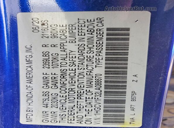 1HGCV1F32LA088670 2020 HONDA ACCORD Blue Widok komory silnika