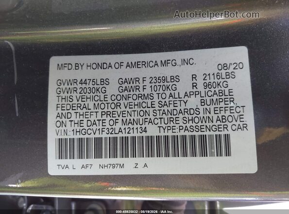 1HGCV1F32LA121134 2020 HONDA ACCORD Серый Вид подкапотного пространства