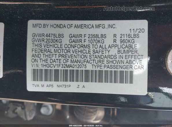 1HGCV1F32MA012075 2021 HONDA ACCORD Black ძრავის განყოფილების ხედი