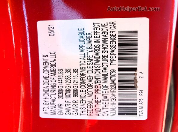 1HGCV1F32MA079789 2021 HONDA ACCORD Red Widok komory silnika