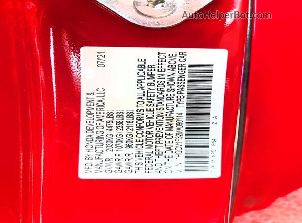 1HGCV1F32MA090114 2021 HONDA ACCORD Red Widok komory silnika