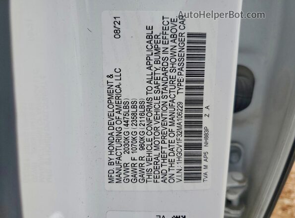 1HGCV1F32MA106229 2021 HONDA ACCORD White Widok naklejki z numerem VIN